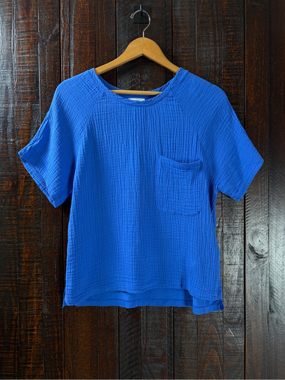 Yerse Women’s Short Sleeve Blue Soft Cotton Gauze Top -Small